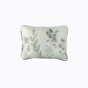 Floral Embroidered Lumbar Pillow Cream Blue Piped Boutique Decor Country Coastal